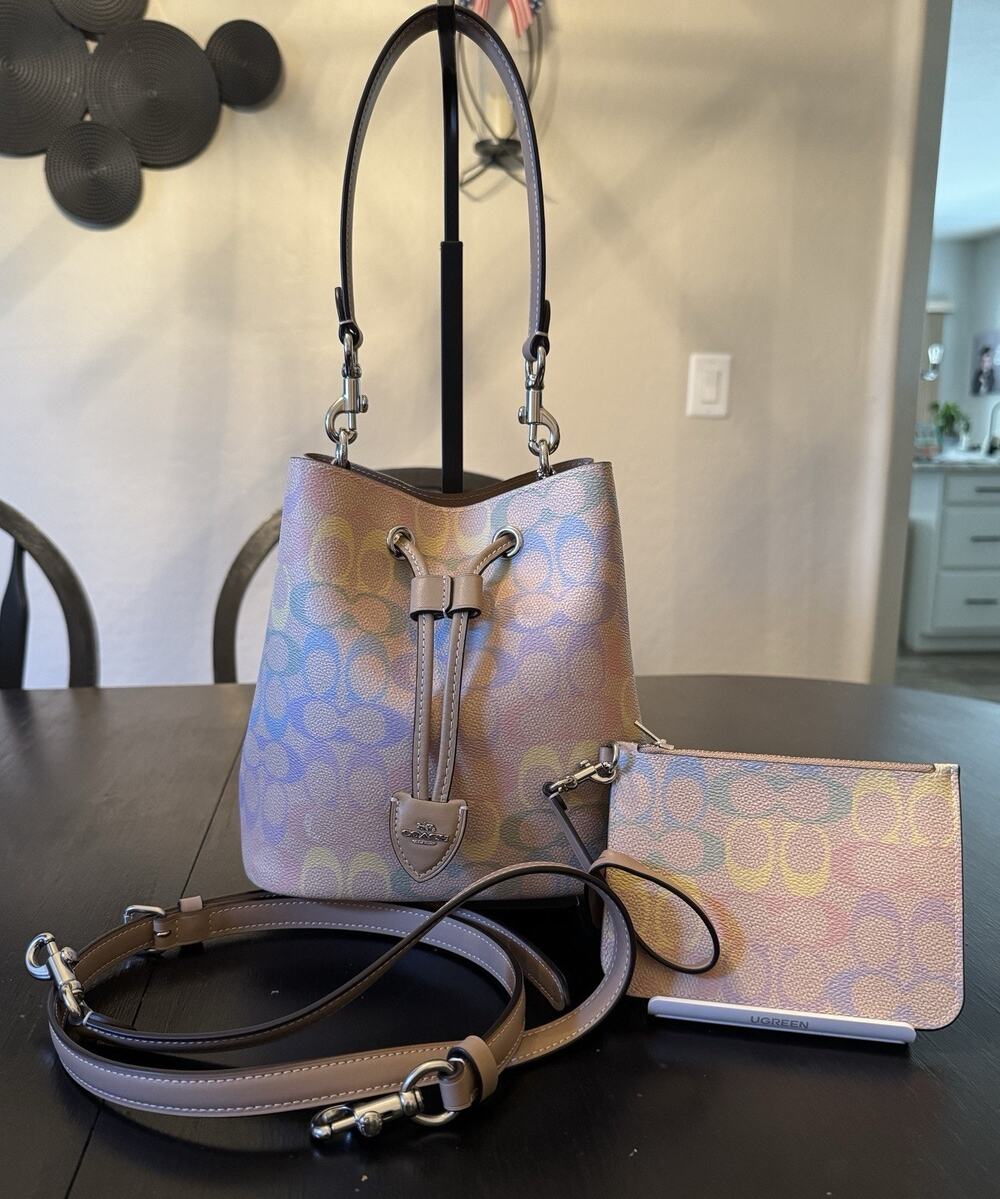 NWOT Coach Rowan Bucket Bag Set Rainbow Signature Canvas Crossbody Pouch